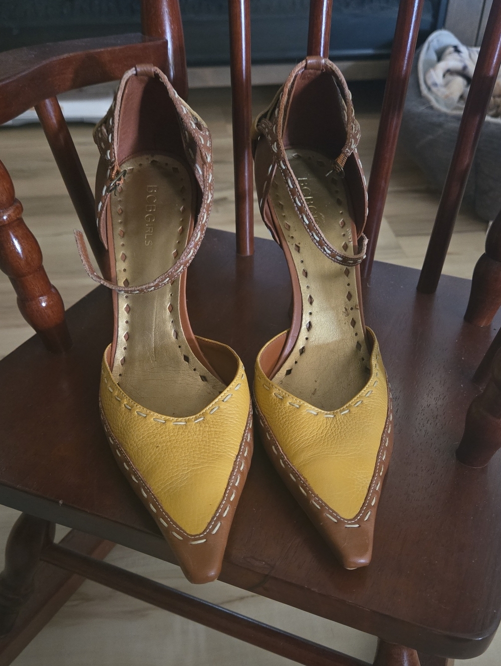 BCBGirls Unique Leather Yellow and Brown Pointed Ankle-Strap Heels
